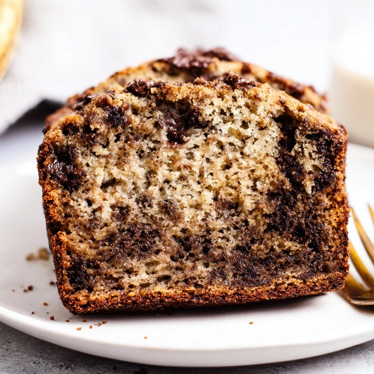 Moist chocolate espresso banana bread loaf topped with melted chocolate chips on a wooden board
