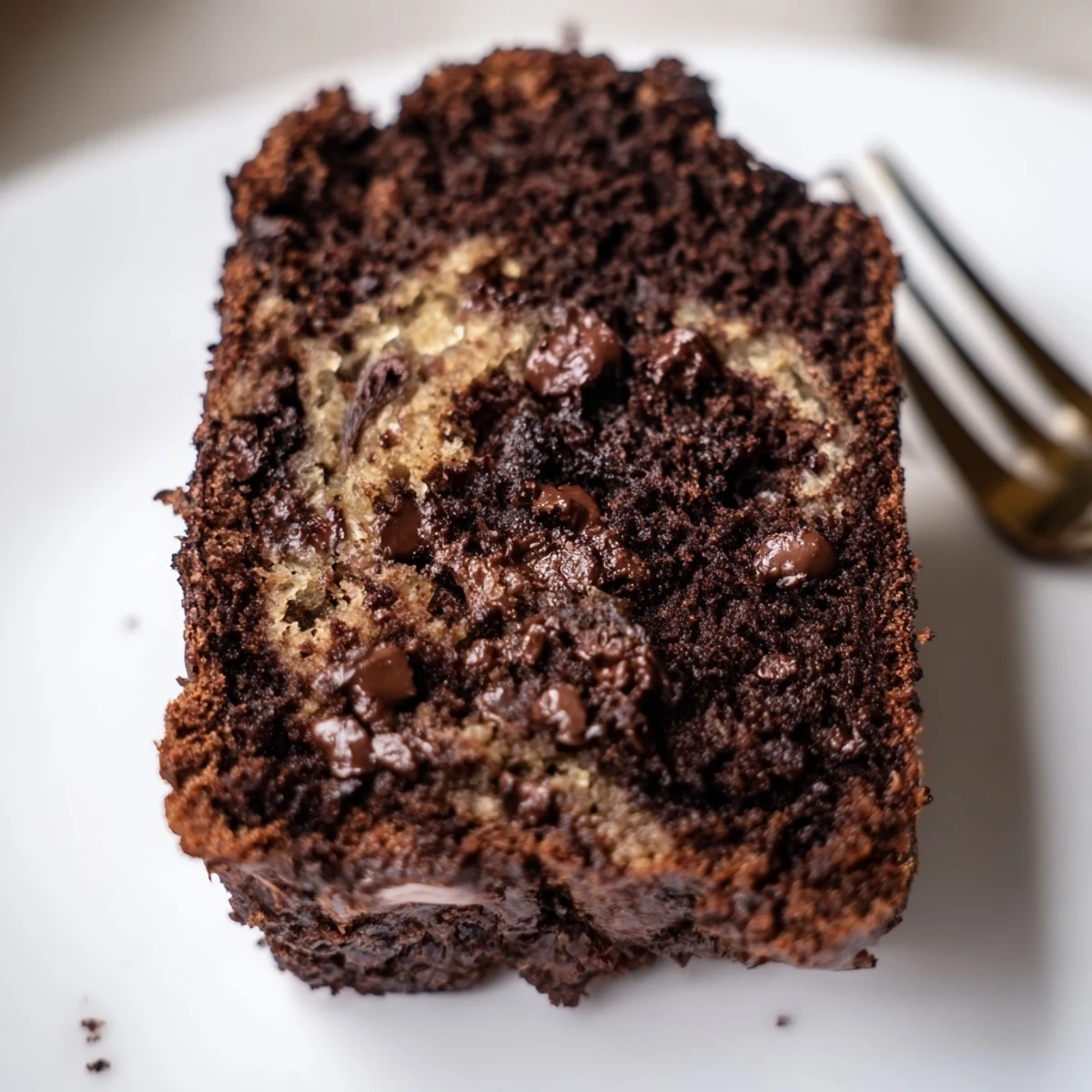 Slice of dark chocolate espresso banana bread served warm on a white plate with butter