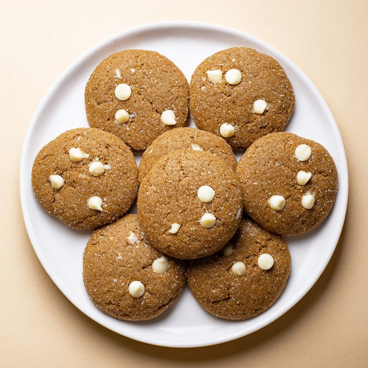 Soft bakery gingerbread white chocolate cookies with melty chips and crackled sugar coating