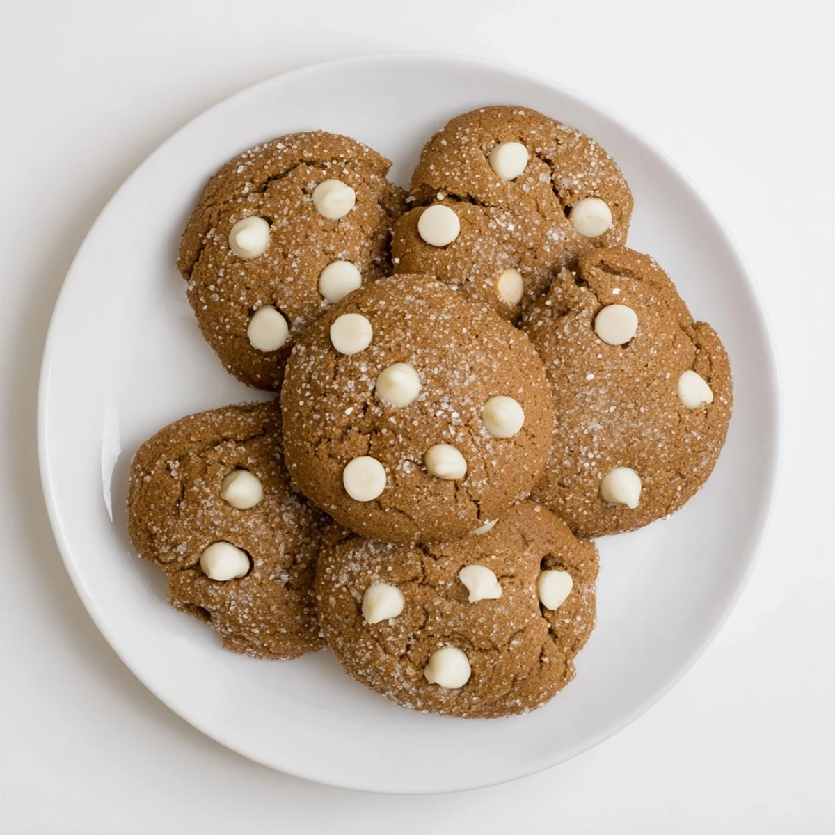 Plate of warm gingerbread white chocolate cookies dusted in sparkling granulated sugar
