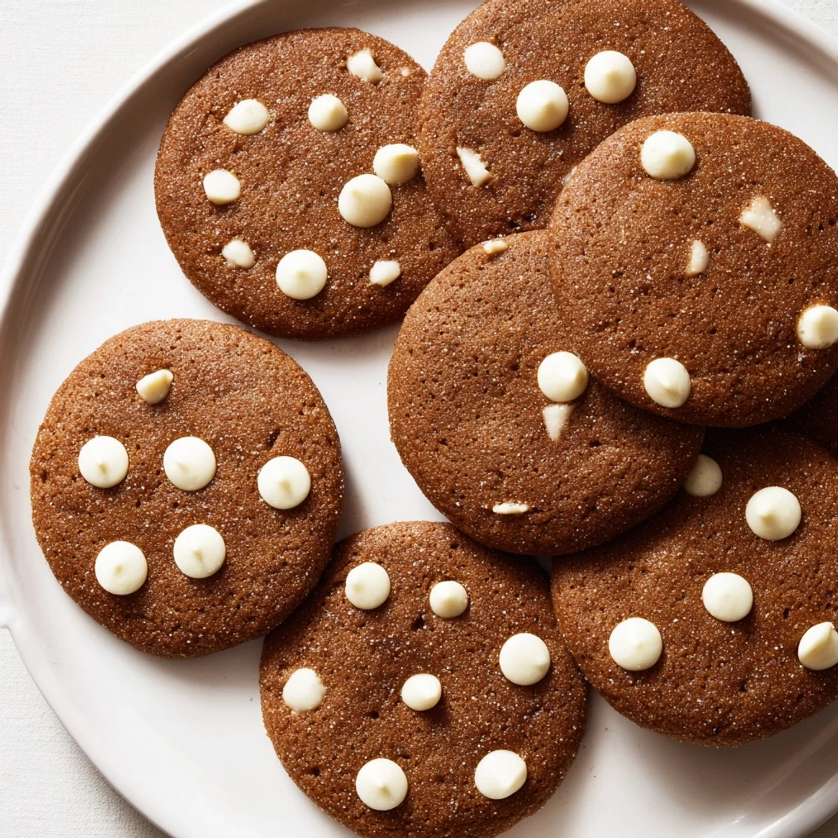 Chewy spiced gingerbread white chocolate cookies fresh from the oven with golden edges