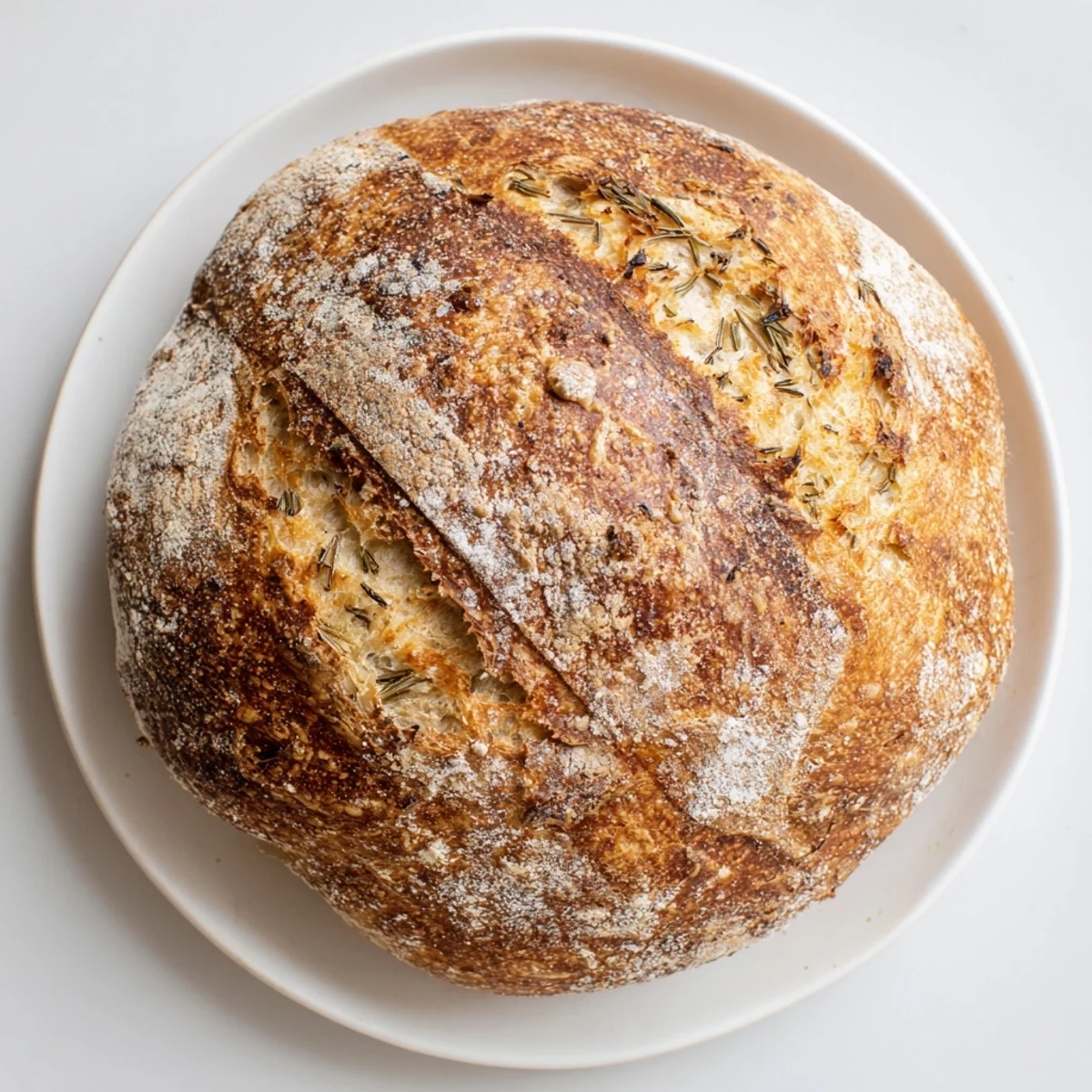 Golden crust Dutch oven garlic rosemary bread sliced on wooden cutting board with herbs
