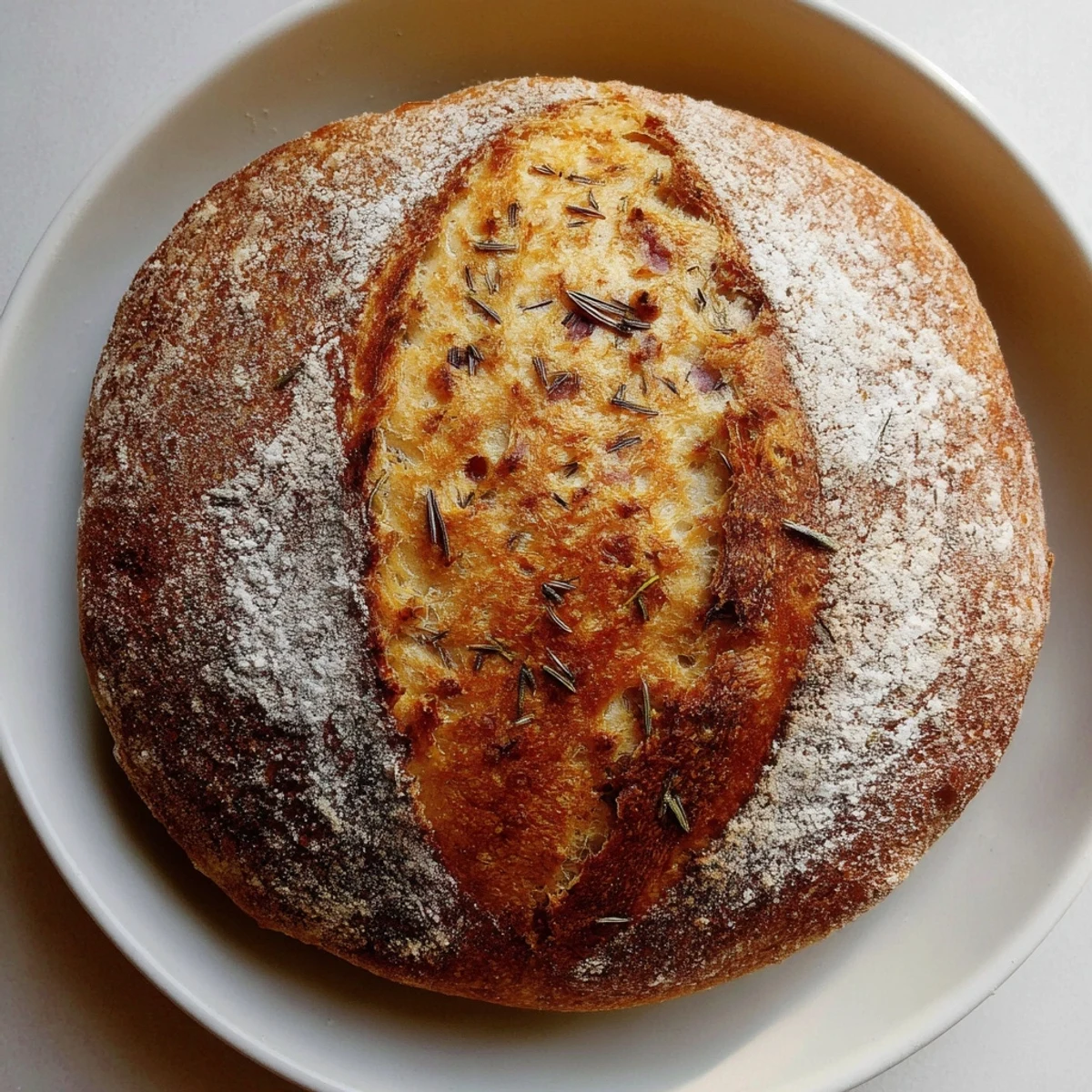 Rustic homemade garlic rosemary bread with cracked crust cooling on wire rack after baking