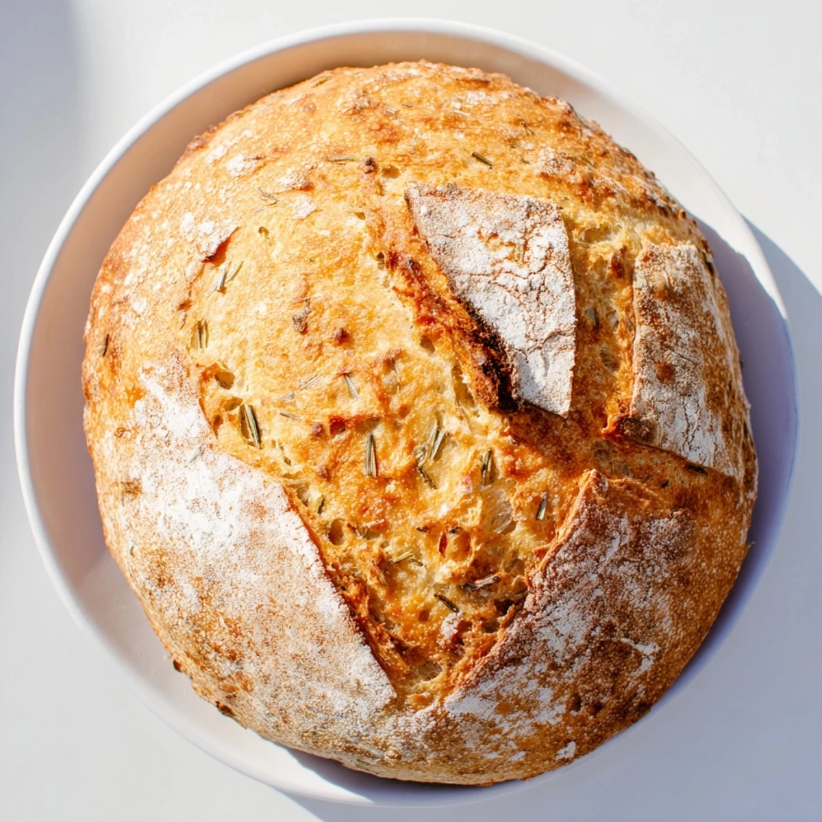 Steaming hot Dutch oven bread infused with rosemary and garlic ready for serving tableside