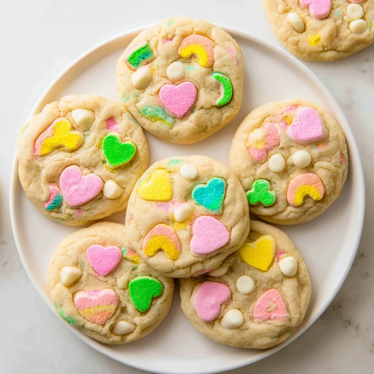 Soft baked Lucky Charms Cookies studded with colorful pink and green marshmallows on a white plate