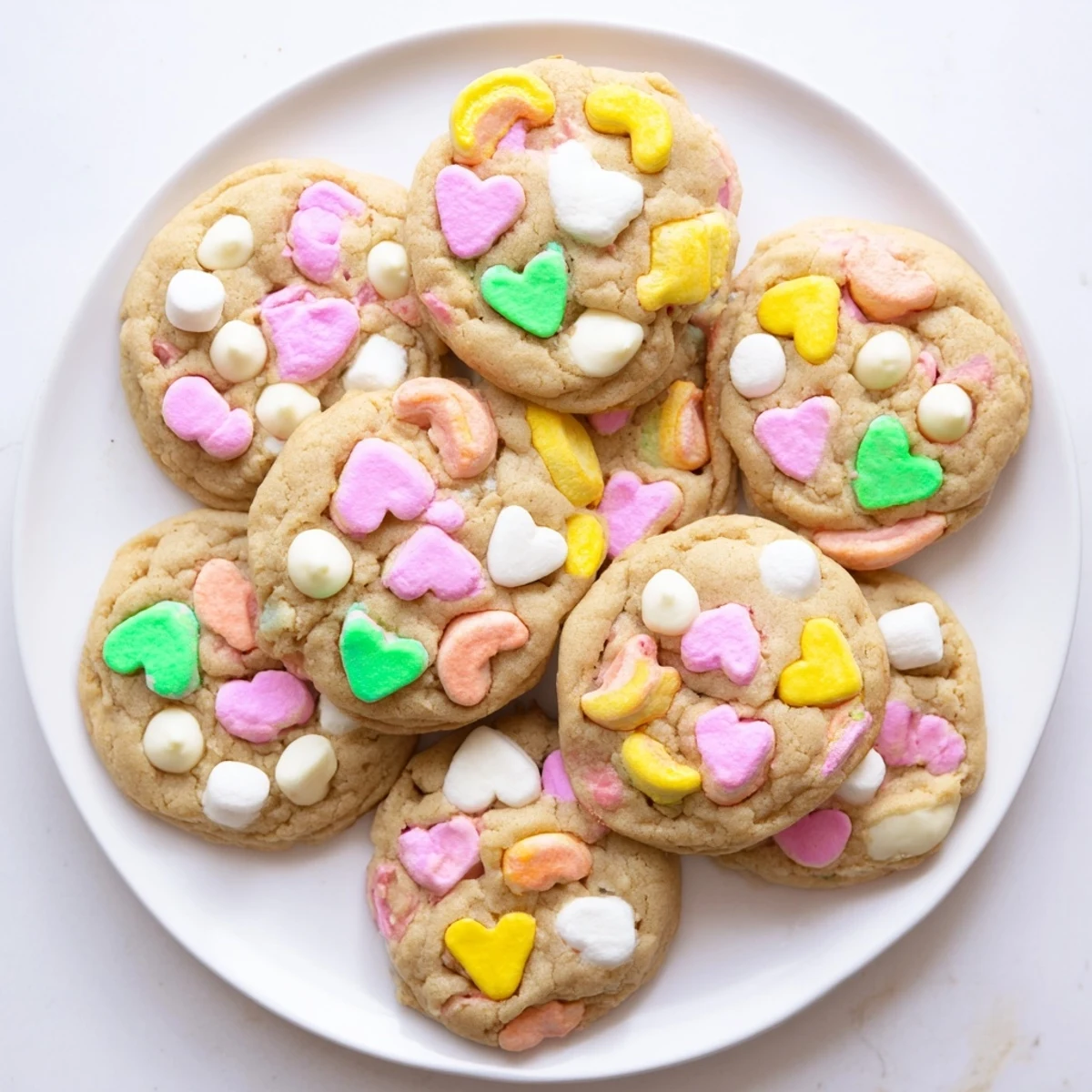 Golden brown Lucky Charms Cookies loaded with vibrant rainbow marshmallows and optional white chocolate chips