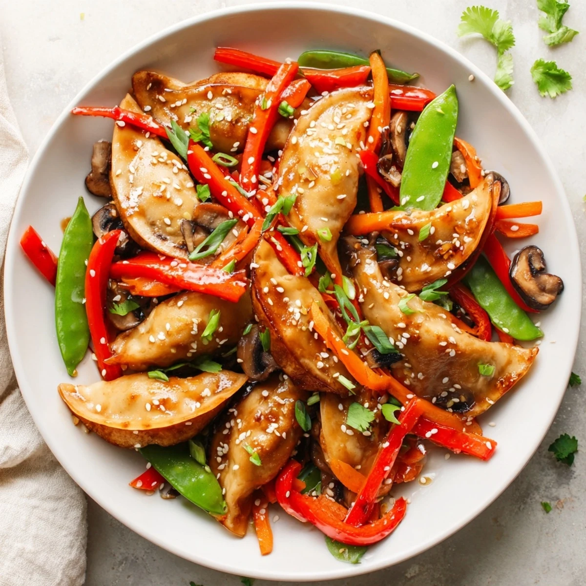 Crispy golden potstickers tossed with colorful snap peas and bell peppers in savory soy sauce