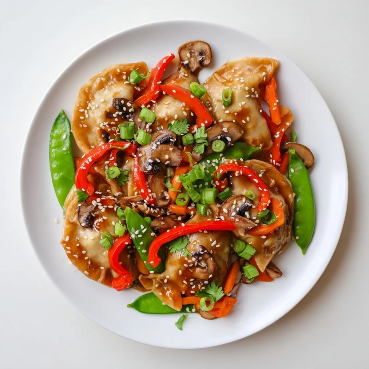 Golden brown potstickers served with crisp vegetables and sesame seeds in Asian stir fry sauce