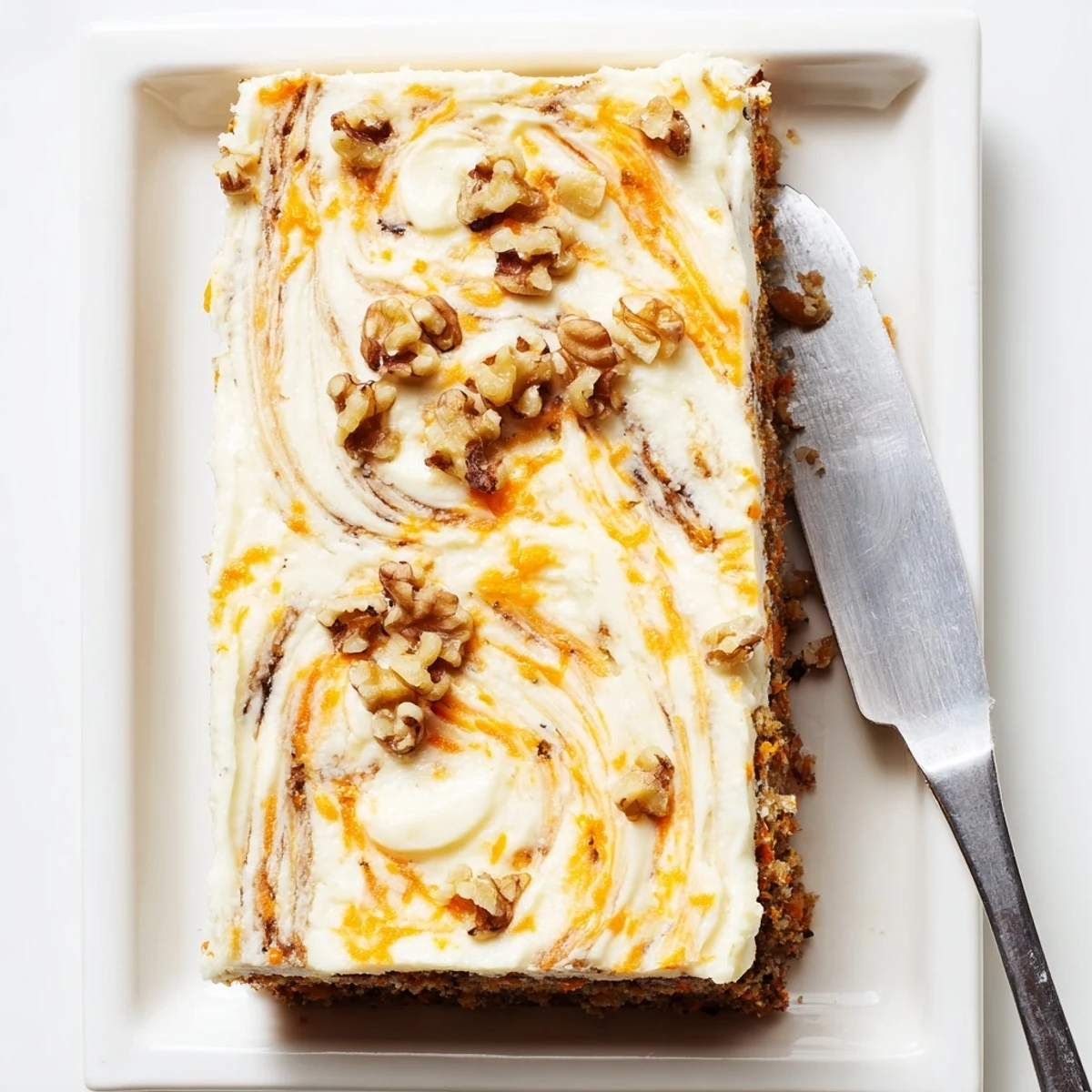 Moist carrot cake cream cheese bars cut into squares showing marbled layers and grated carrot texture
