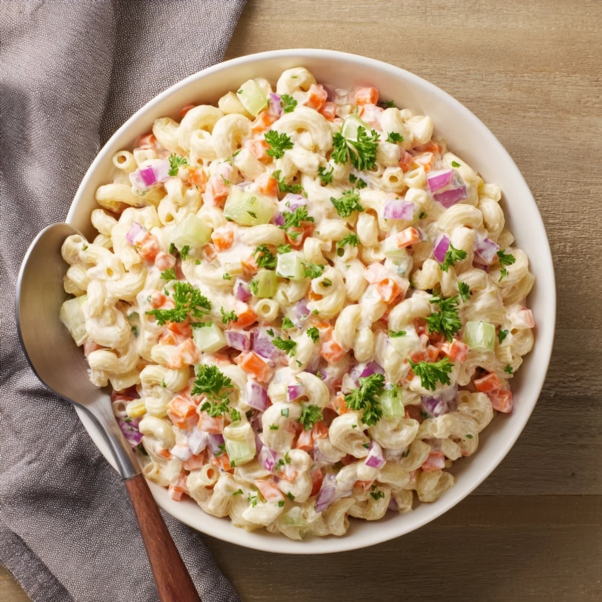 Creamy pasta salad featuring tender elbow macaroni tossed with crunchy vegetables and a tangy mustard dressing, garnished with fresh chopped parsley