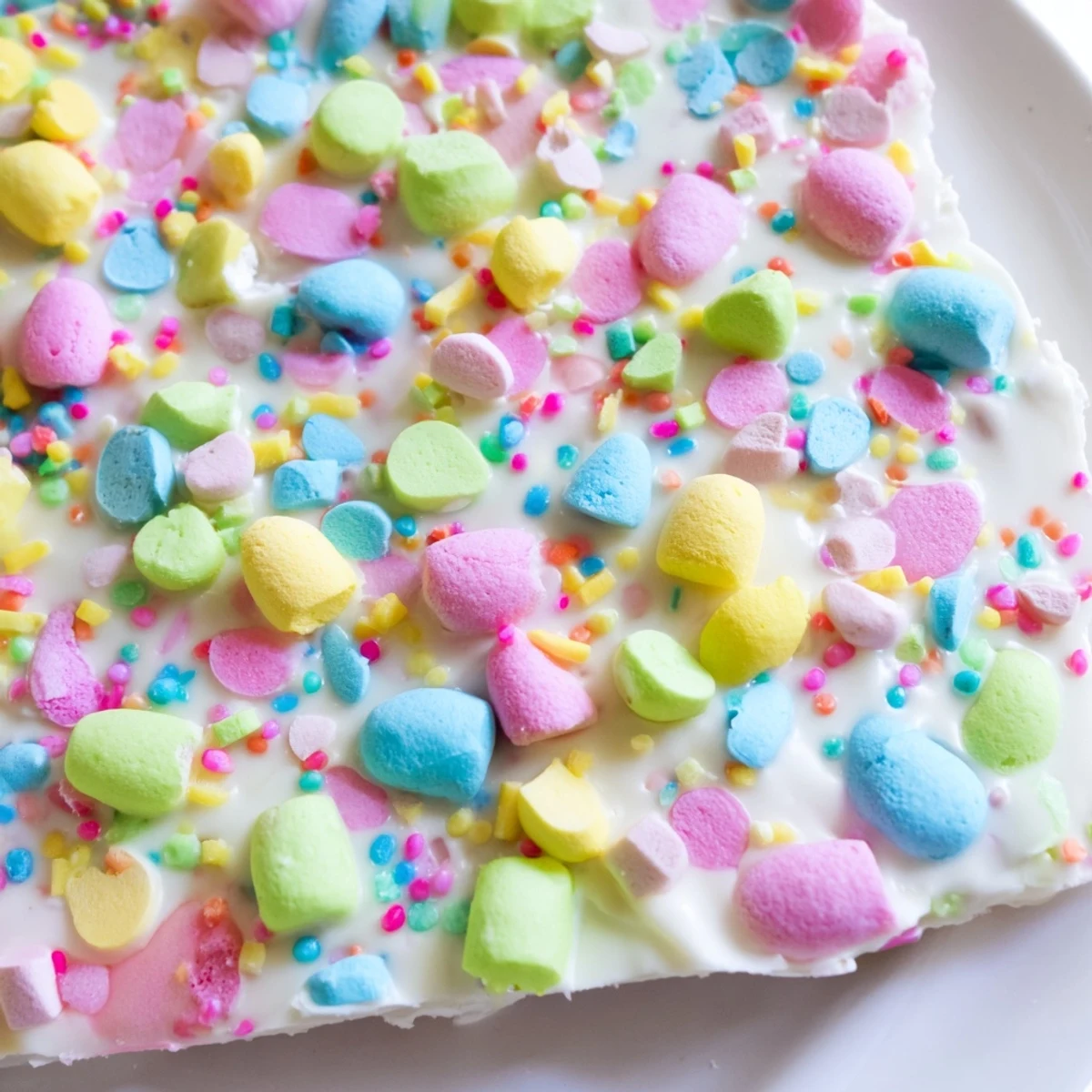 Creamy Easter marshmallow bark topped with pastel candy eggs and colorful sprinkles on white chocolate