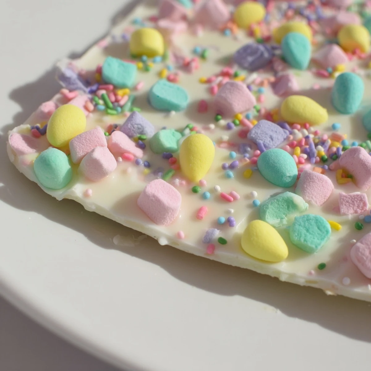 Festive Easter marshmallow bark broken into pieces revealing sweet marshmallows and candy egg decorations