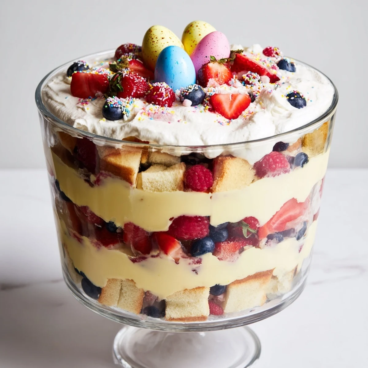 Layered Easter trifle dessert with sponge cake, creamy custard, fresh berries, and whipped cream in a glass bowl