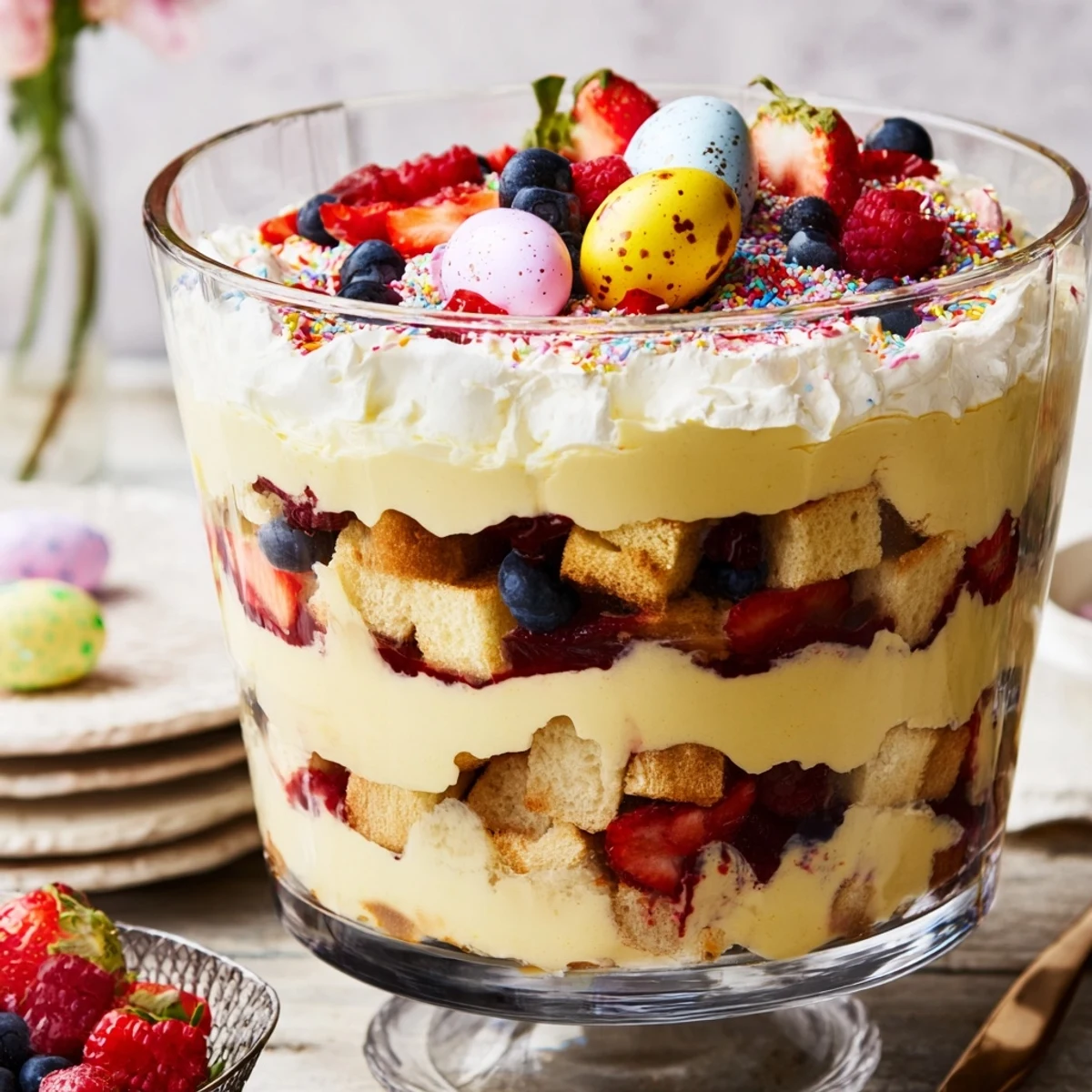 Festive Easter trifle showcasing golden custard, juicy mixed berries, and fluffy whipped cream topped with chocolate eggs