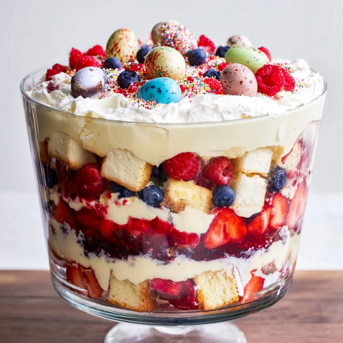 Beautiful glass trifle bowl filled with alternating layers of vanilla sponge, sweet berries, and velvety cream for Easter