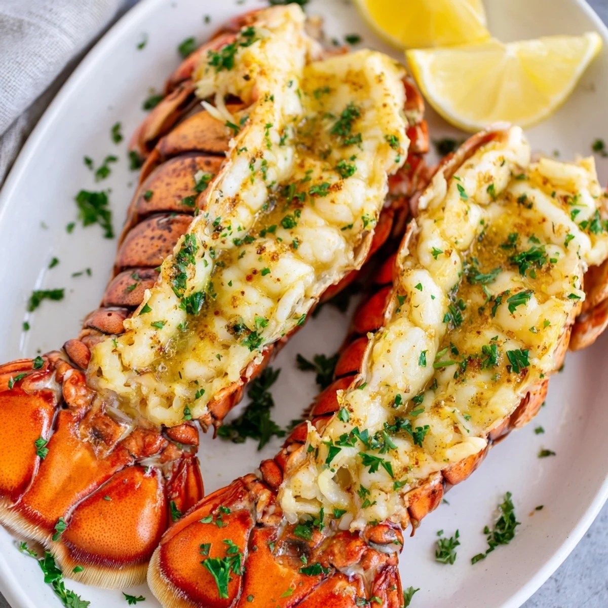 Golden baked garlic butter lobster tails brushed with melted herb butter on a white serving platter