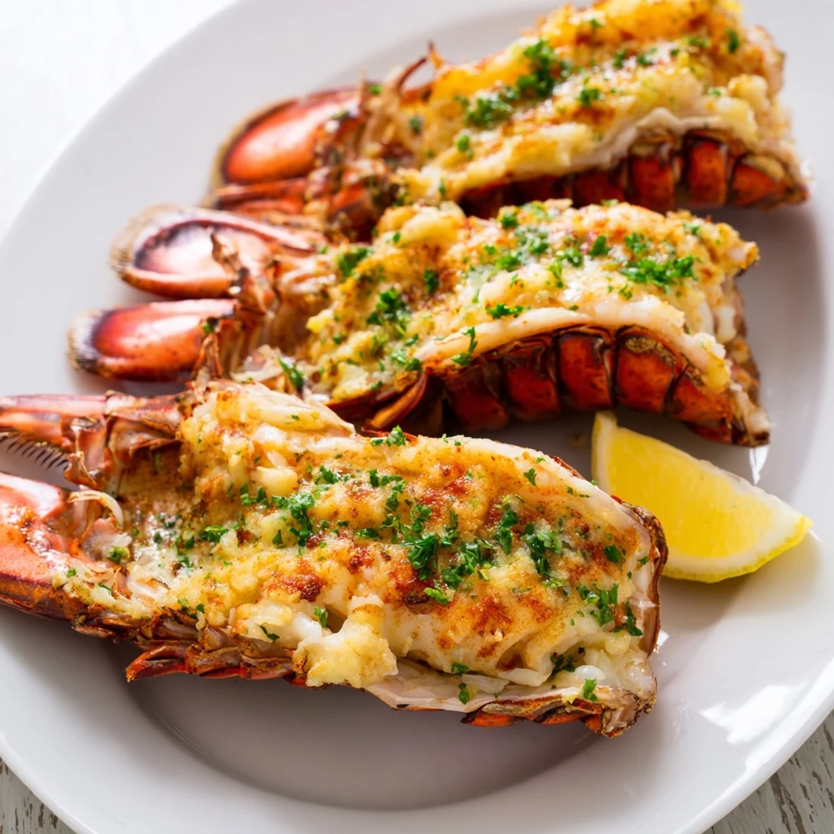 Tender lobster meat sizzling in rich garlic butter sauce with fresh parsley and lemon wedges