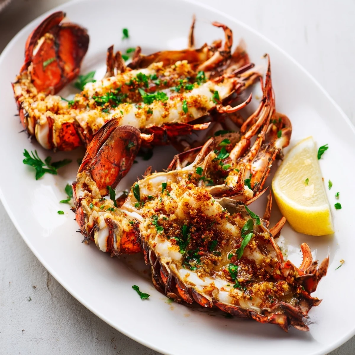 Elegant dinner presentation showing four succulent lobster tails glazed with buttery garlic and paprika seasoning
