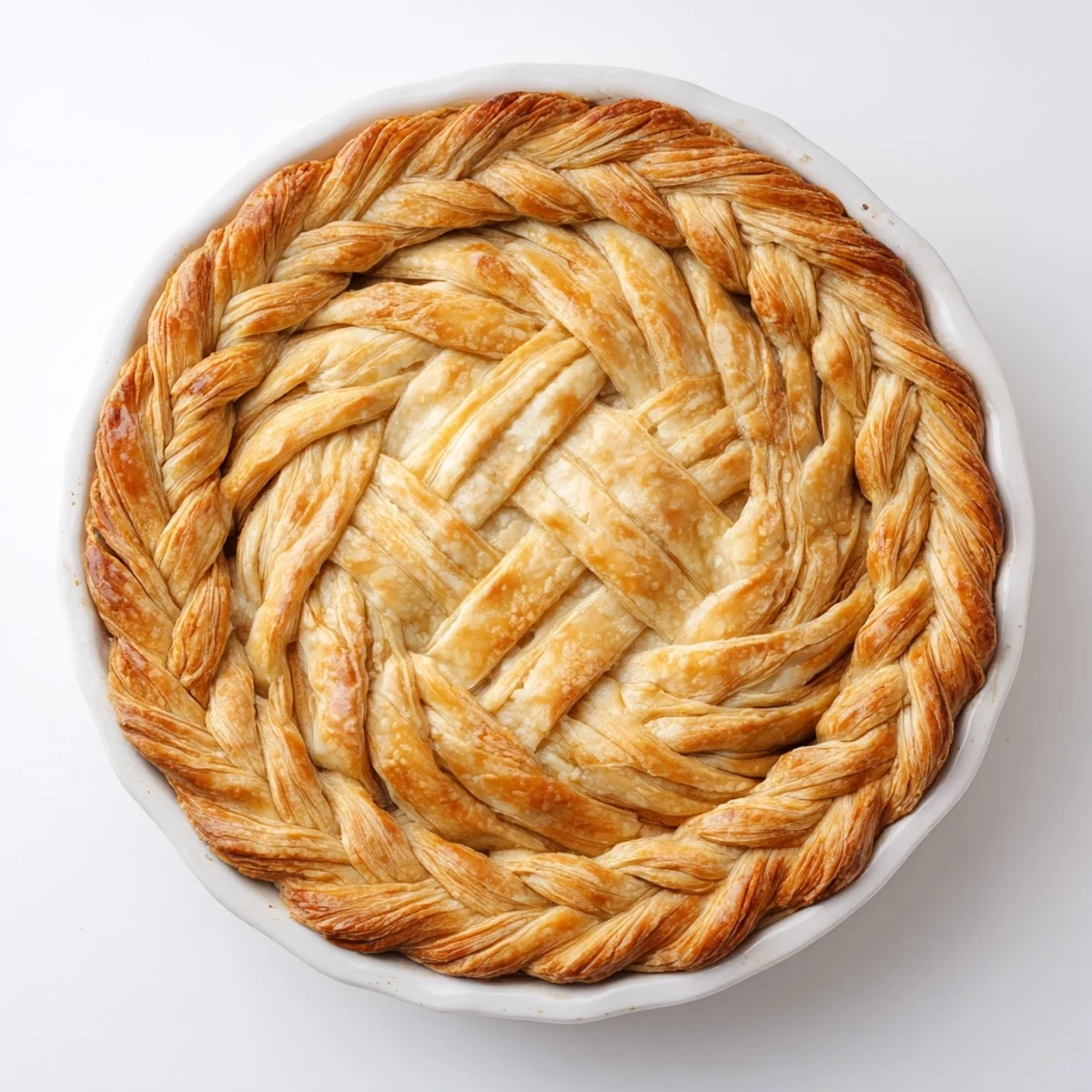 Golden fishtail braid pie crust edge on a fruit pie with glossy egg wash finish