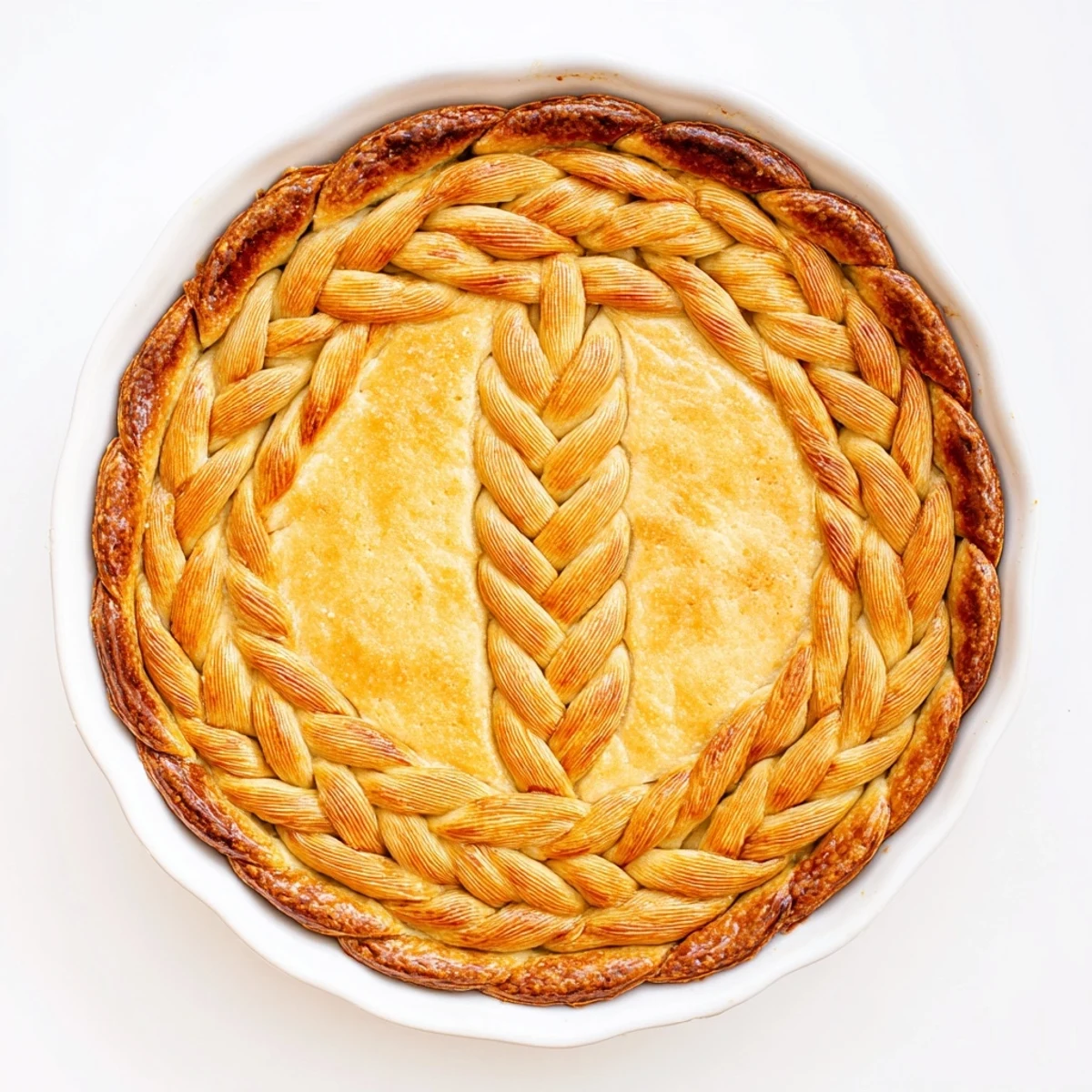 Intricate woven fishtail braid pastry border decorating a homemade baked pie with braided detail