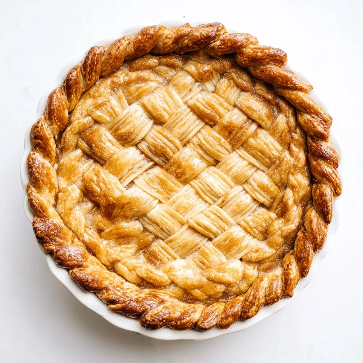 Close-up of artisanal fishtail braid pie crust trim with golden-brown woven dough strands