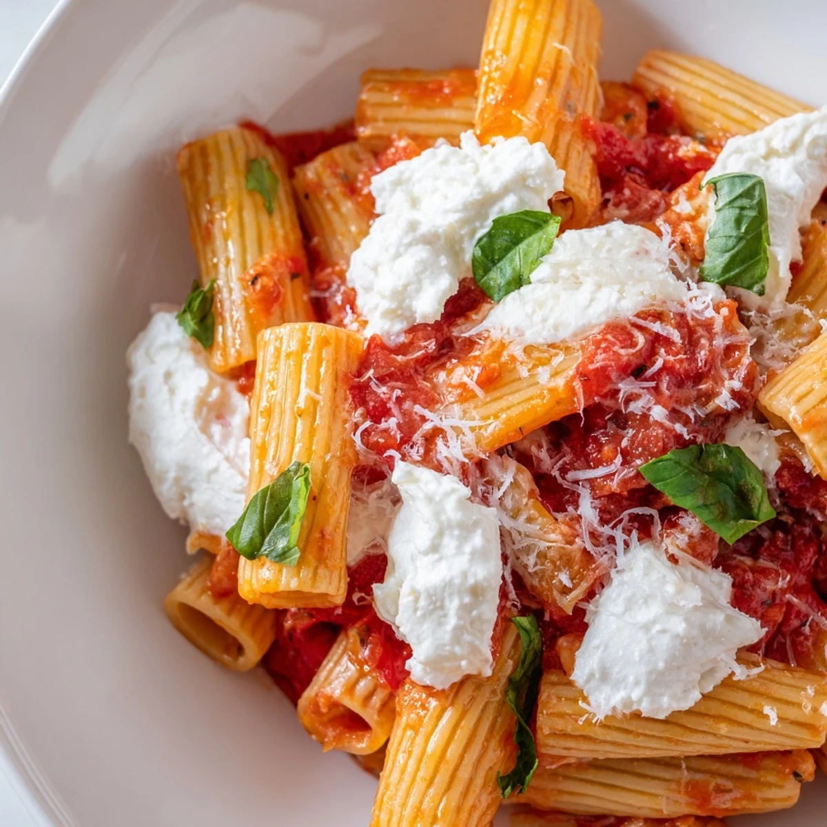 Tender penne coated in rich tomato garlic sauce with dollops of fluffy ricotta