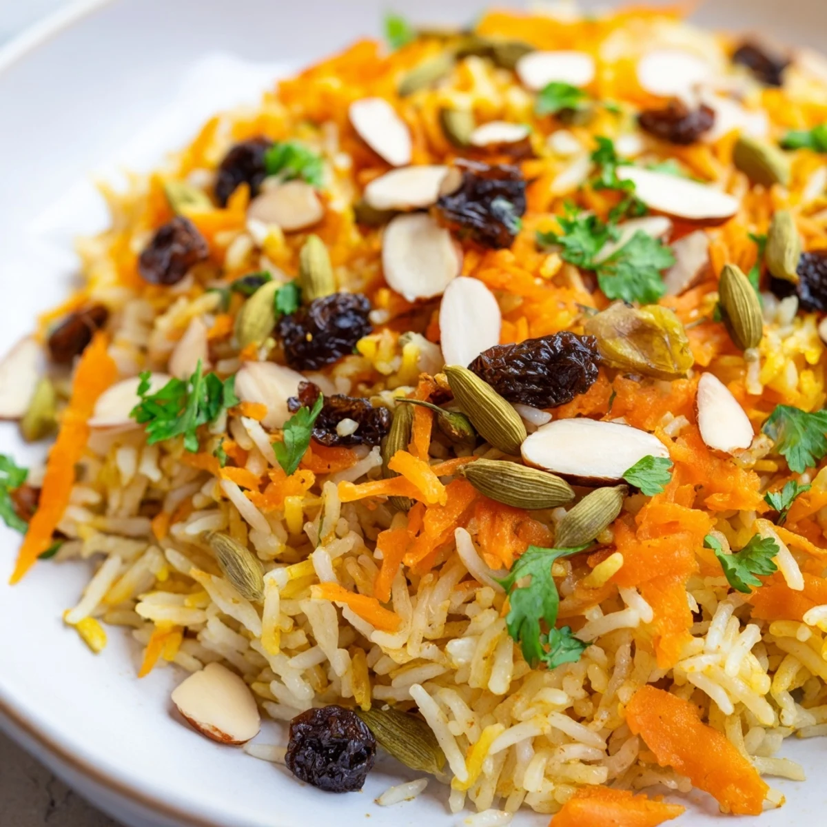 Afghan rice topped with caramelized carrots, plump raisins, and fresh green herbs