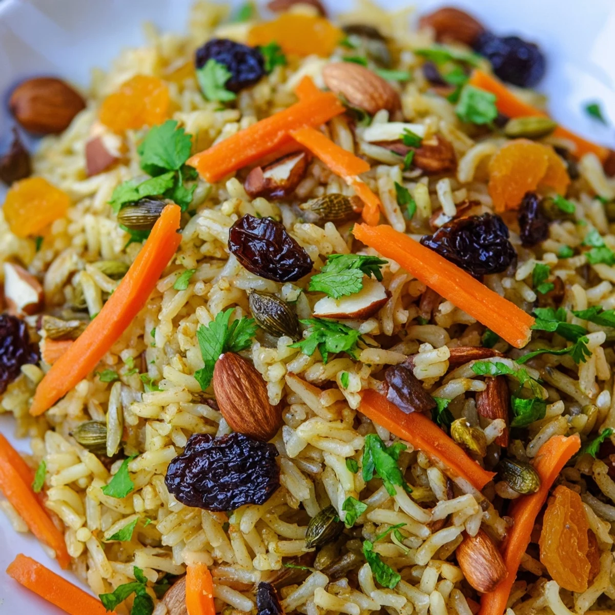 Fluffy Afghan rice garnished with golden carrots, sweet raisins, and toasted almonds