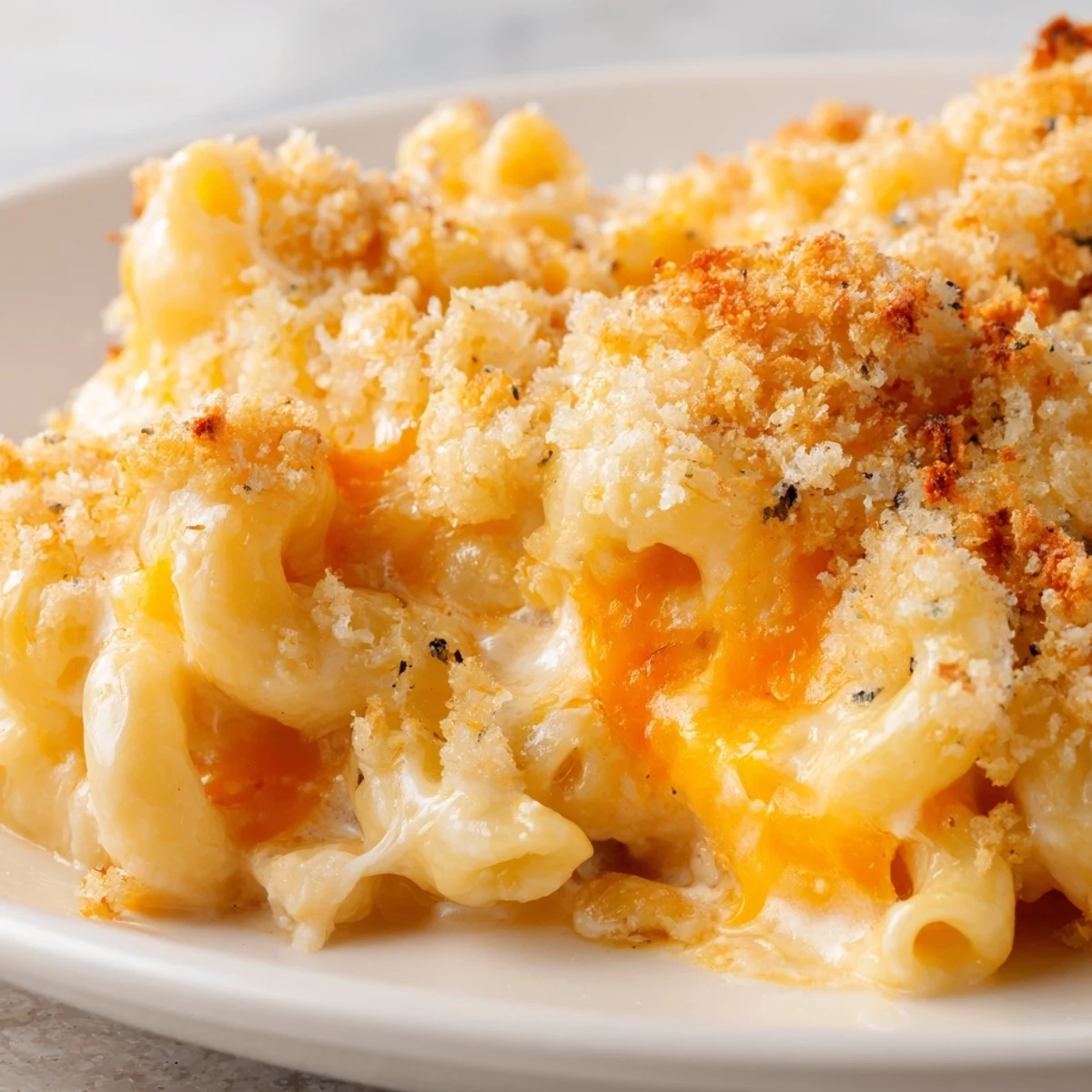 Golden baked three cheese macaroni with bubbling cheese sauce and crispy panko topping