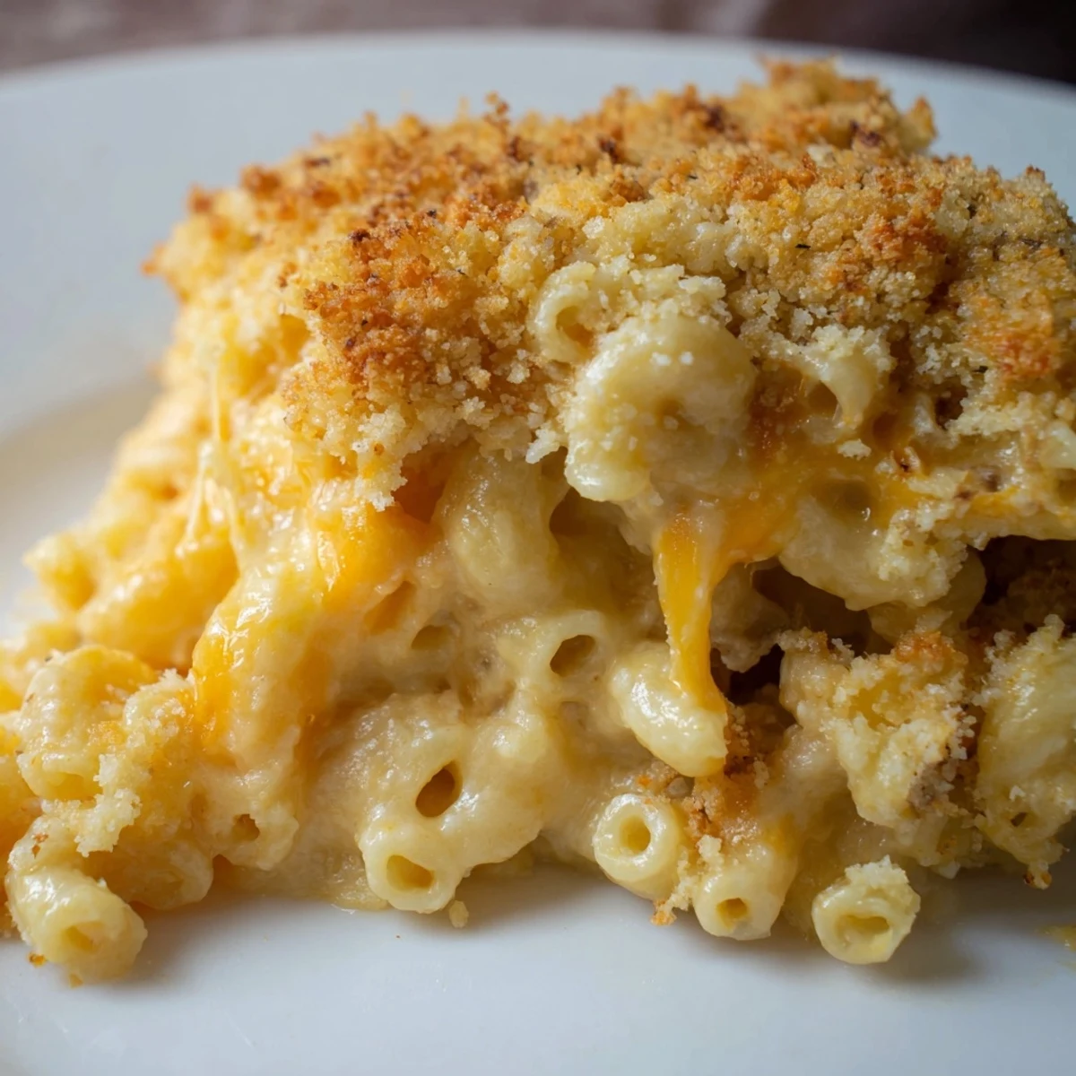 Creamy three cheese macaroni served in a white dish with melted cheese pull