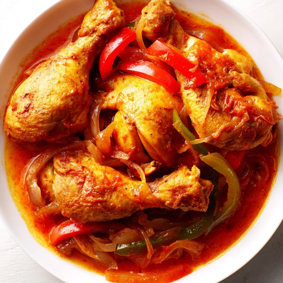 Tender Senegalese chicken simmered in rich tomato sauce with colorful bell peppers
