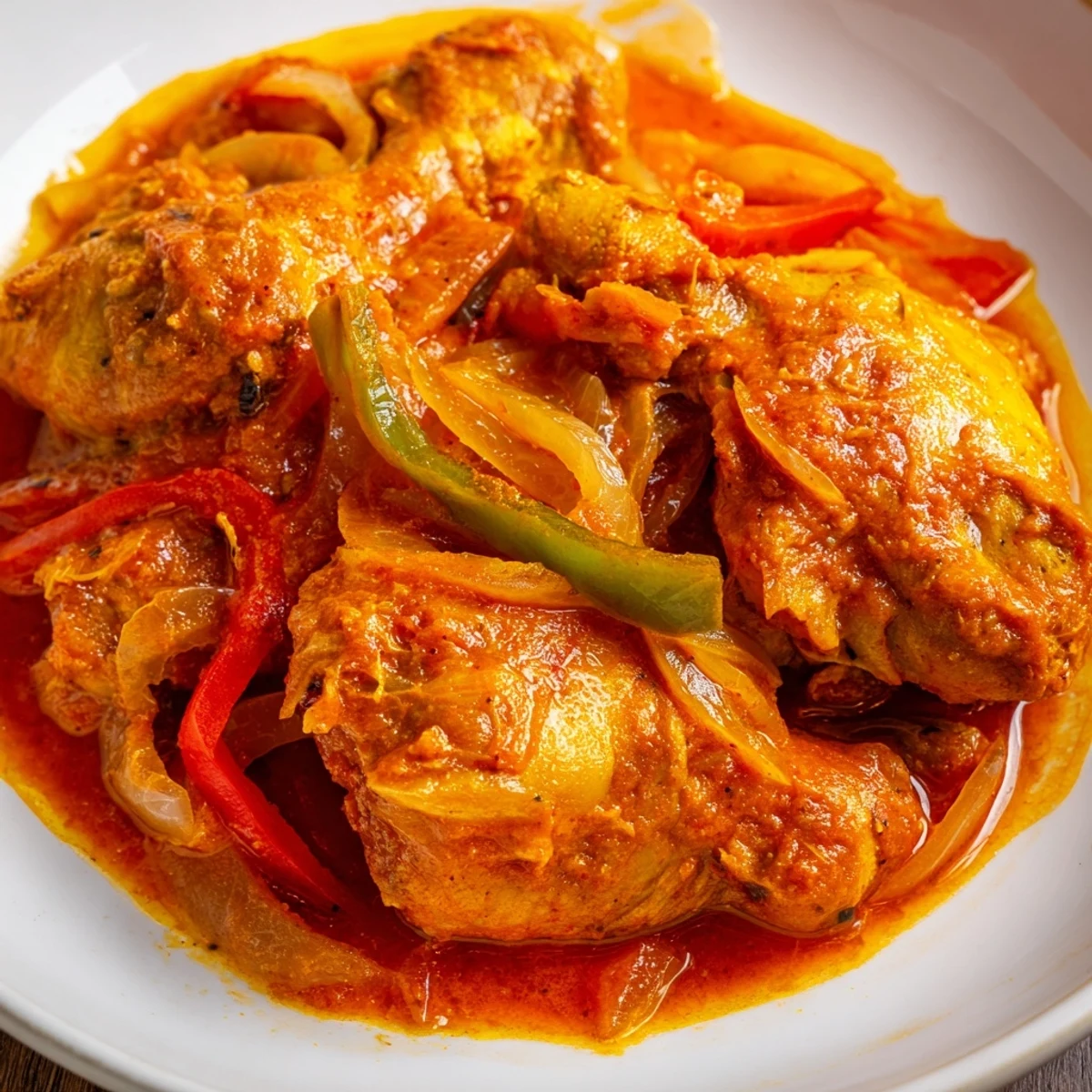 Golden brown Senegalese chicken pieces nestled in aromatic spiced onion and tomato stew