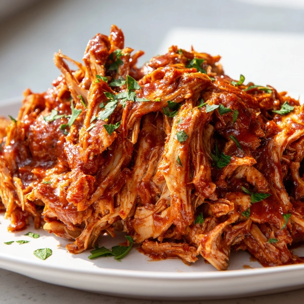 Tender Sweet Baby Ray's Crockpot Chicken smothered in rich, glossy barbecue sauce ready to serve