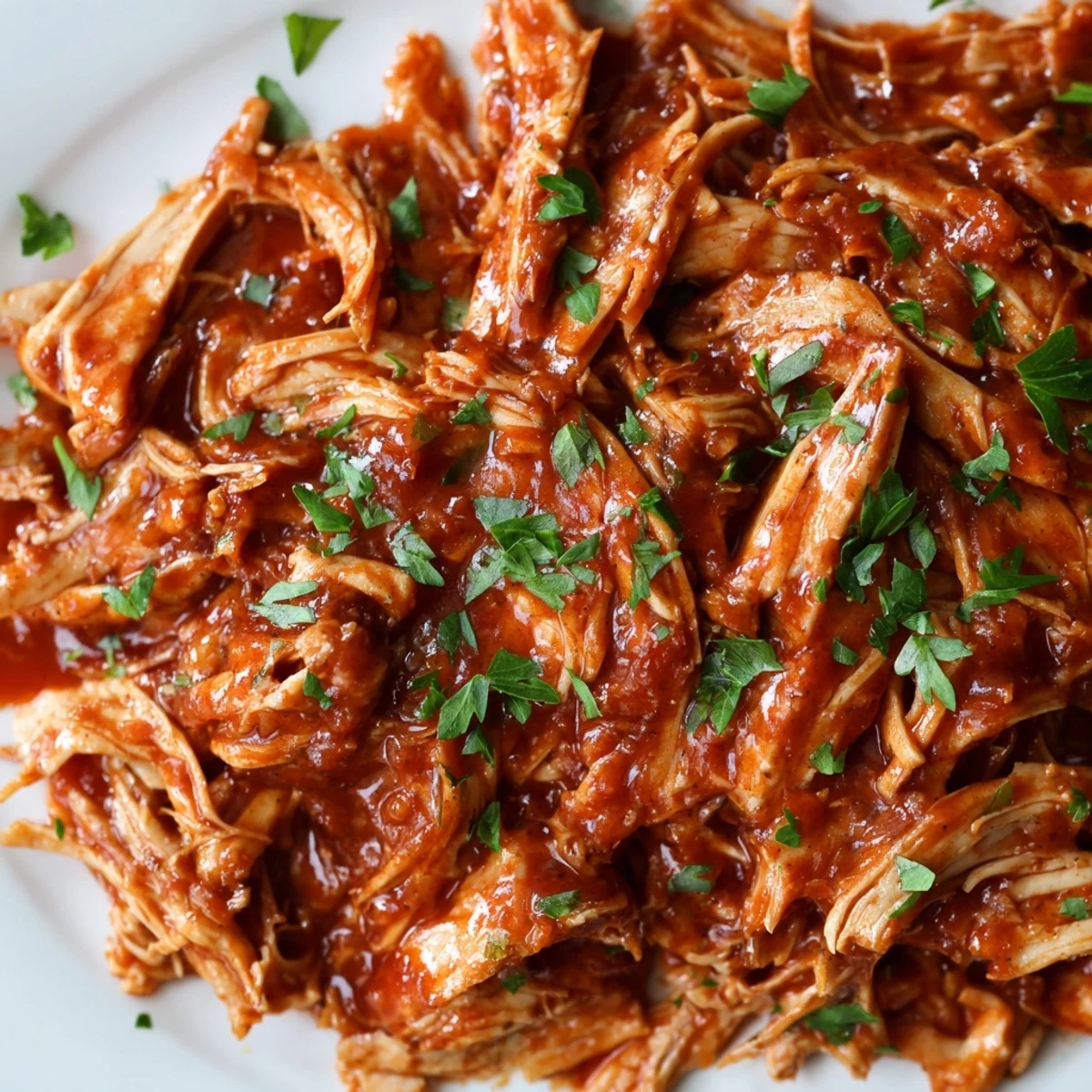 Savory Sweet Baby Ray's Crockpot Chicken glistening with sticky sauce on a white plate