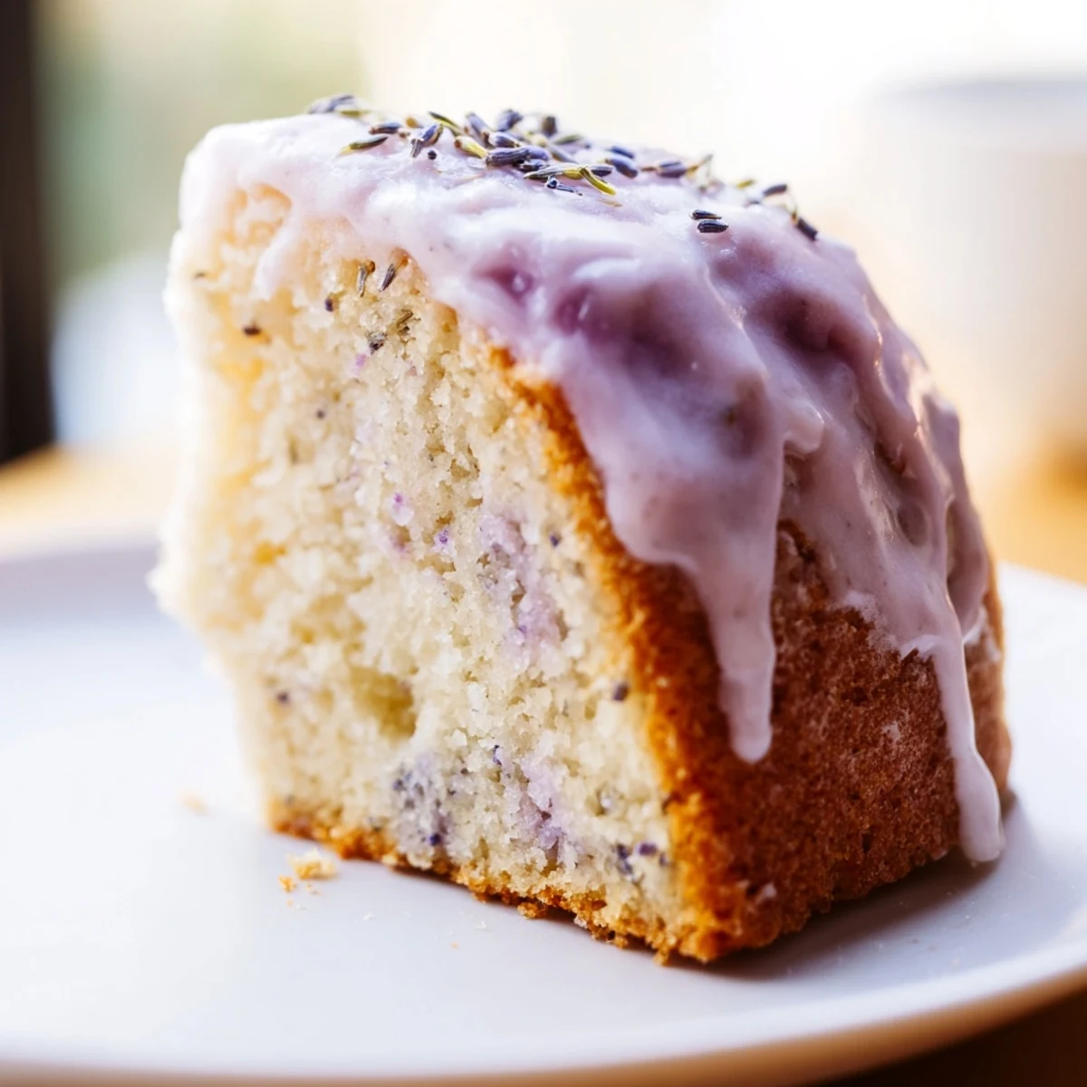 Golden lavender cake slice with lemon glaze drizzled over tender spring dessert