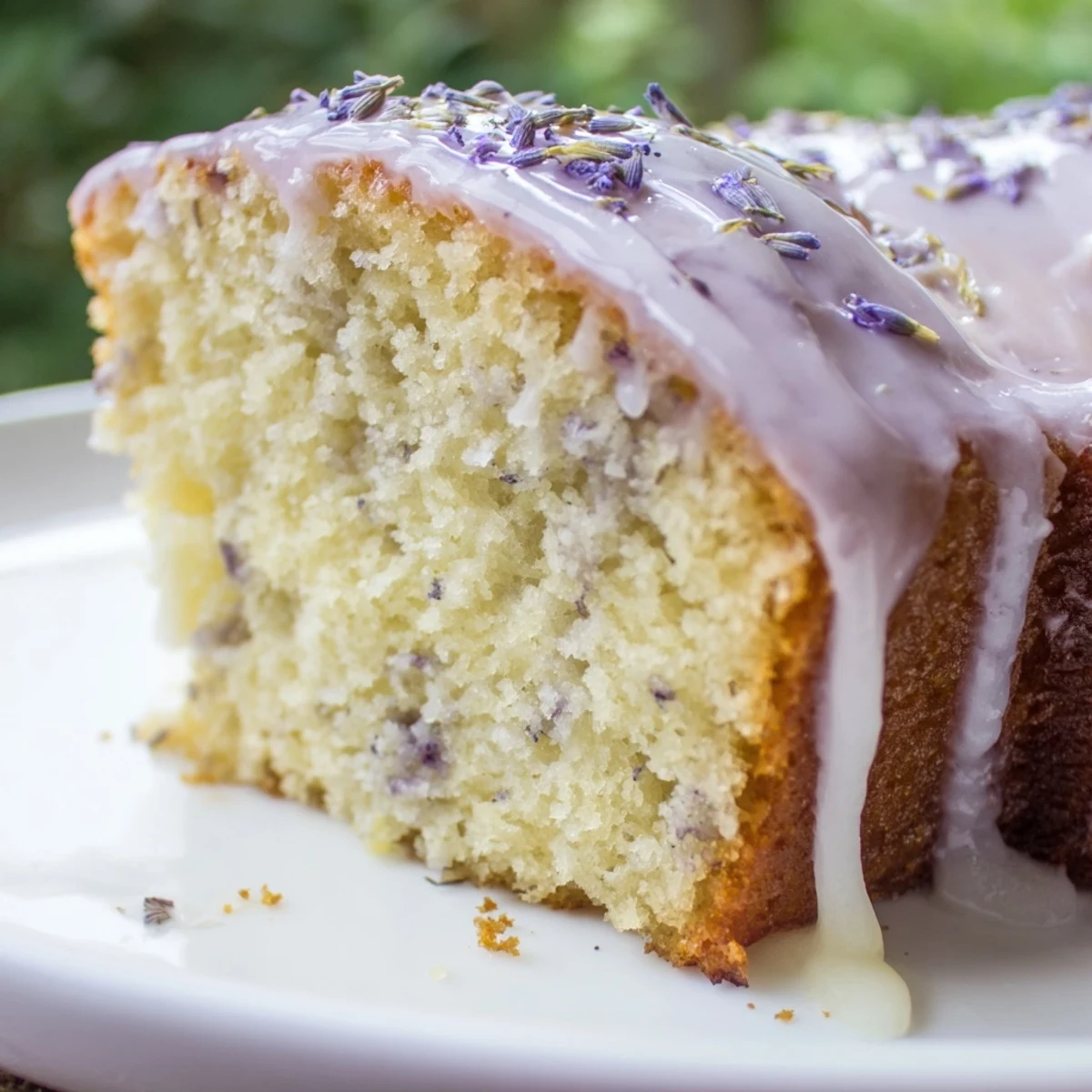 Soft lavender cake topped with sweet citrus glaze on decorative white plate