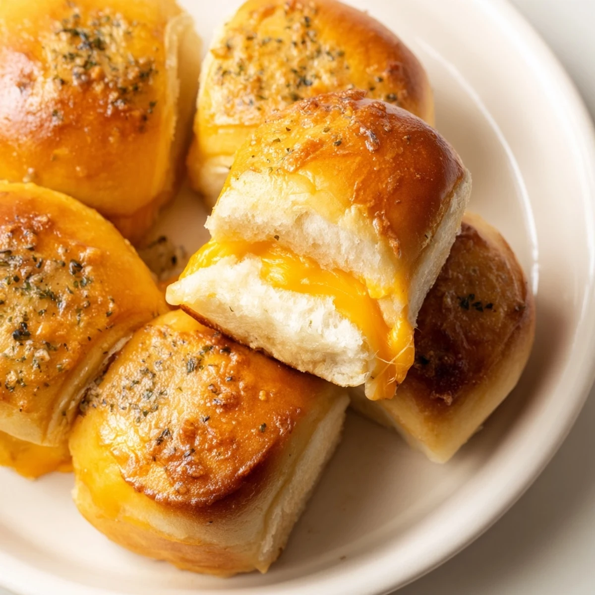 Golden mini grilled cheese Hawaiian rolls with melted cheddar bubbling between sweet rolls
