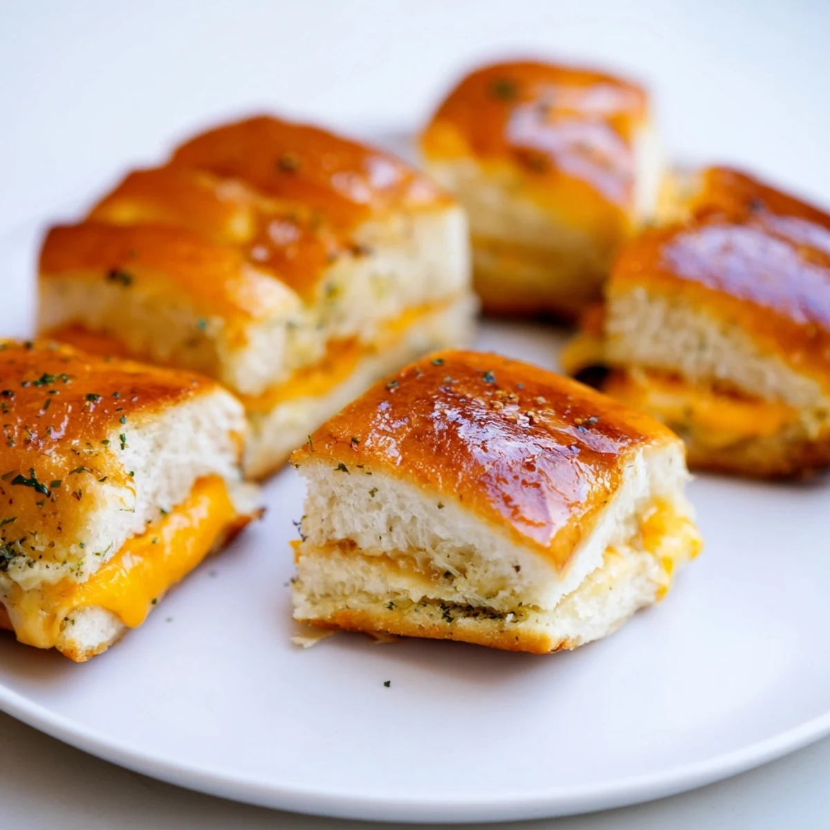 Crispy butter-brushed mini grilled cheese Hawaiian rolls sliced and ready for serving