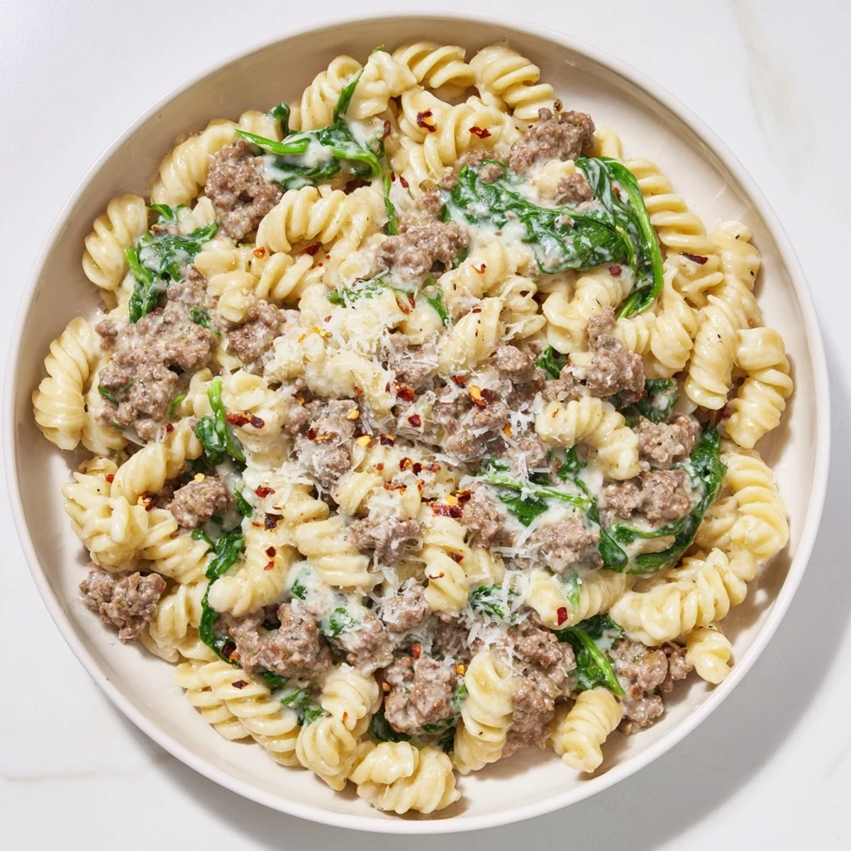 Creamy high protein beef pasta in a white bowl with Parmesan and fresh herbs