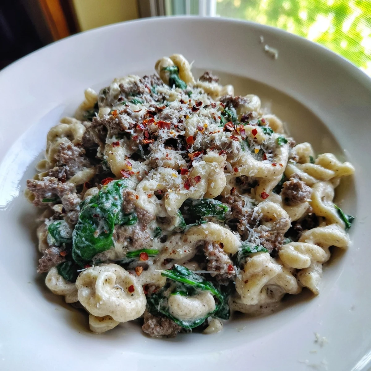 Tender ground beef and spinach tossed in creamy high protein beef pasta sauce