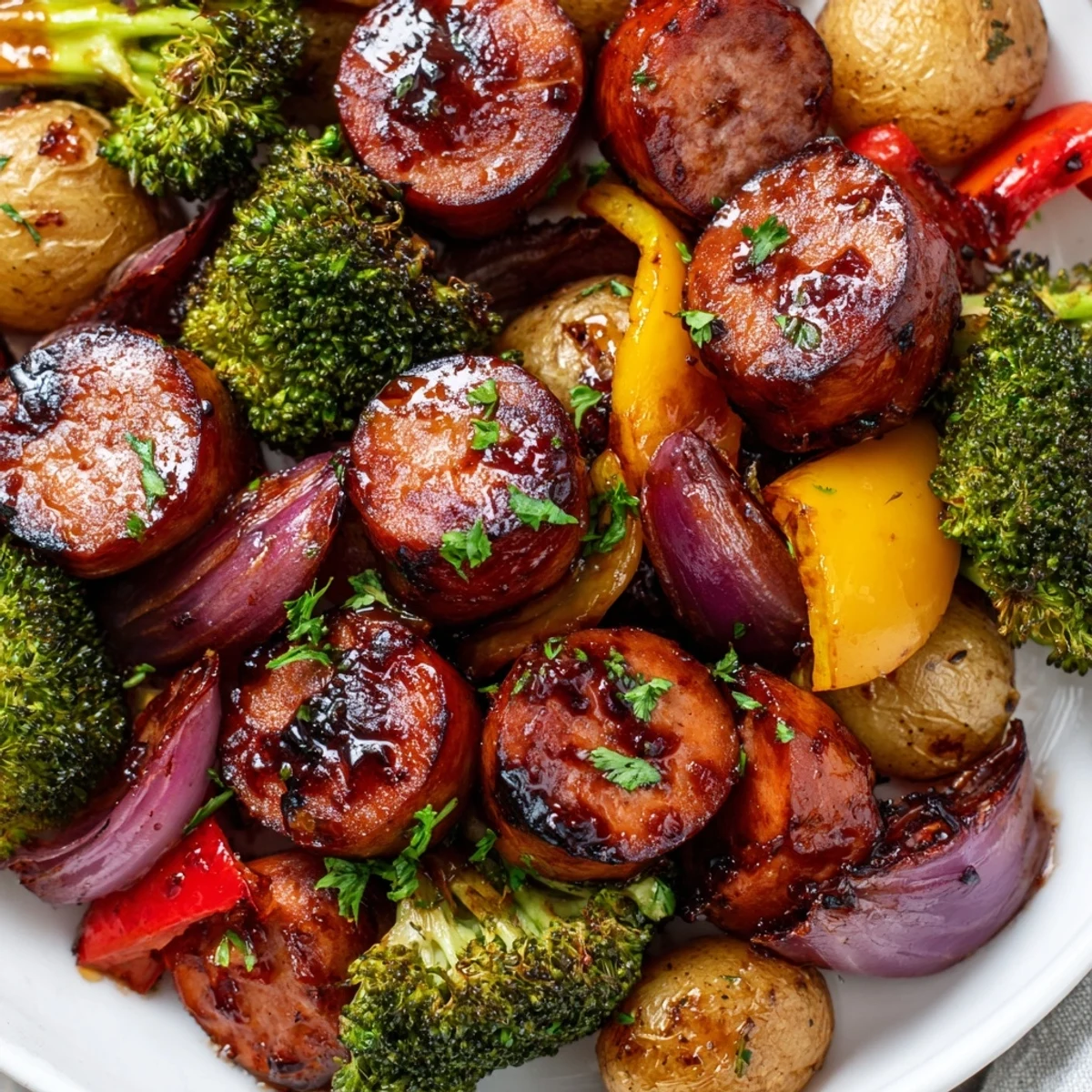 Golden honey garlic kielbasa with roasted vegetables on a sheet pan dinner