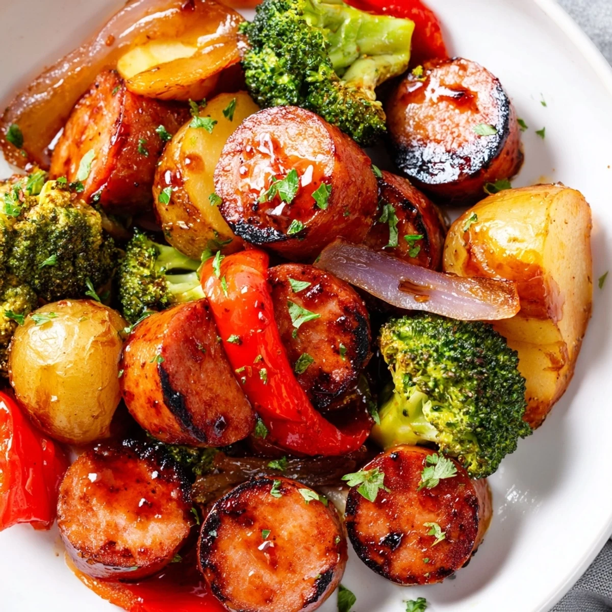One pan honey garlic kielbasa with tender broccoli potatoes and bell peppers