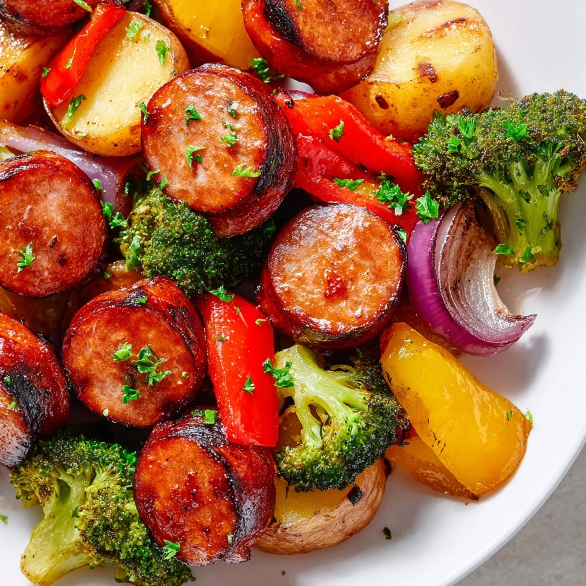 Caramelized kielbasa sausage and colorful veggies coated in sticky honey garlic glaze