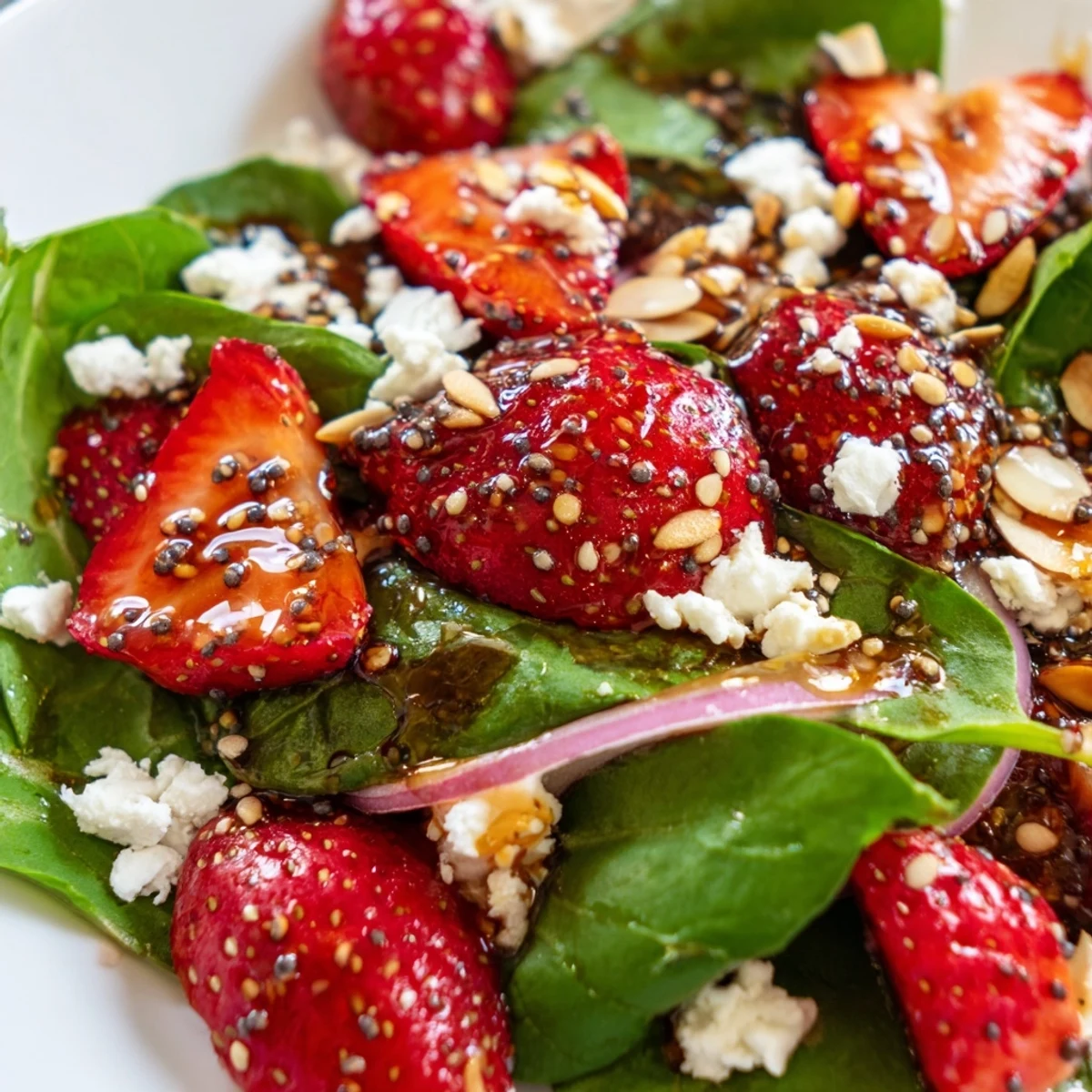 Strawberry spinach salad with glossy balsamic poppy seed dressing drizzled over crisp greens