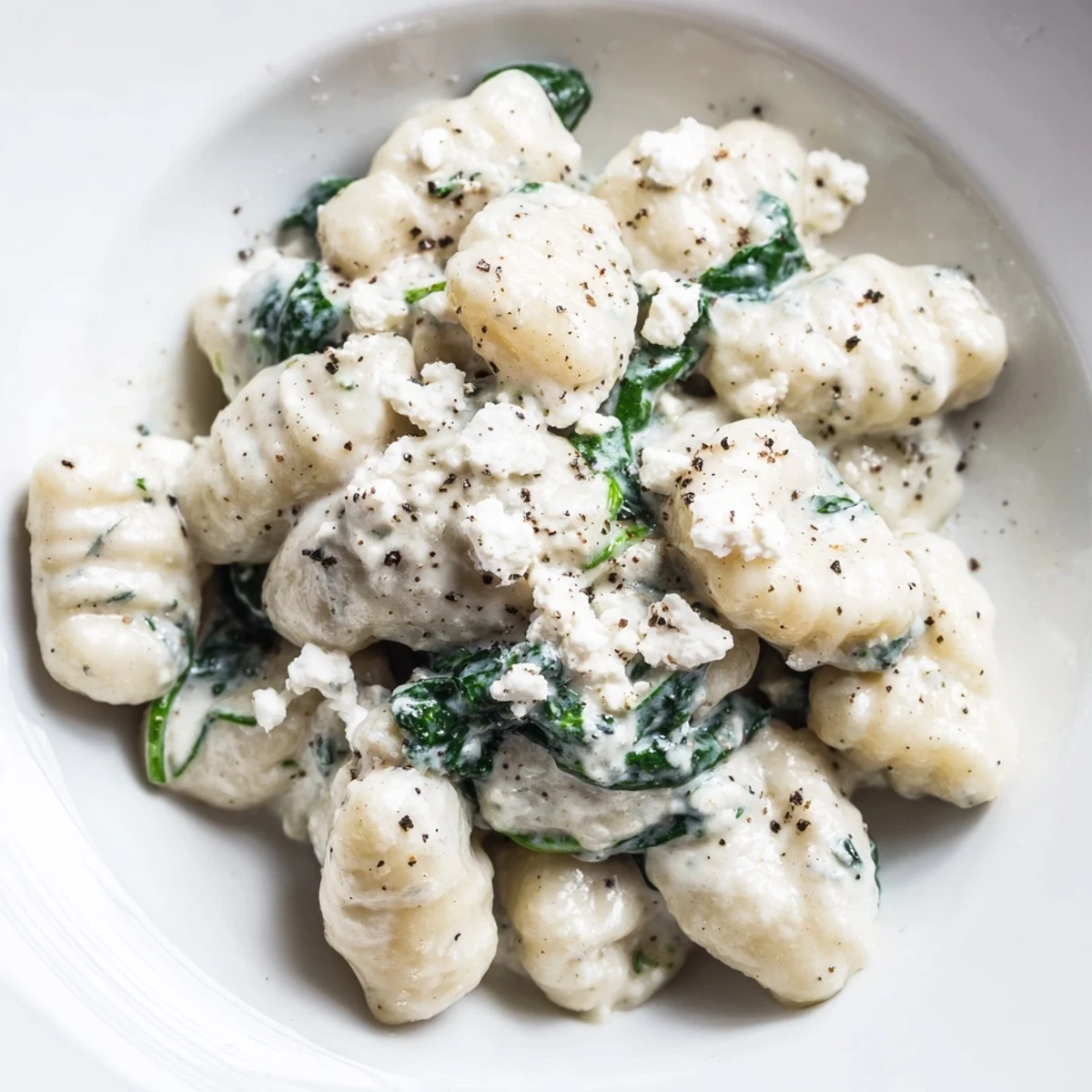 Creamy gnocchi with spinach and feta served in a white bowl with garnish