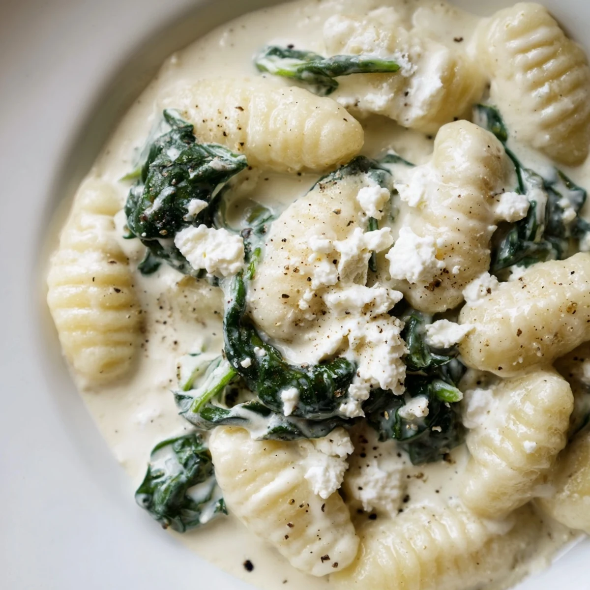 Tender potato gnocchi tossed in rich cream sauce with wilted spinach and feta