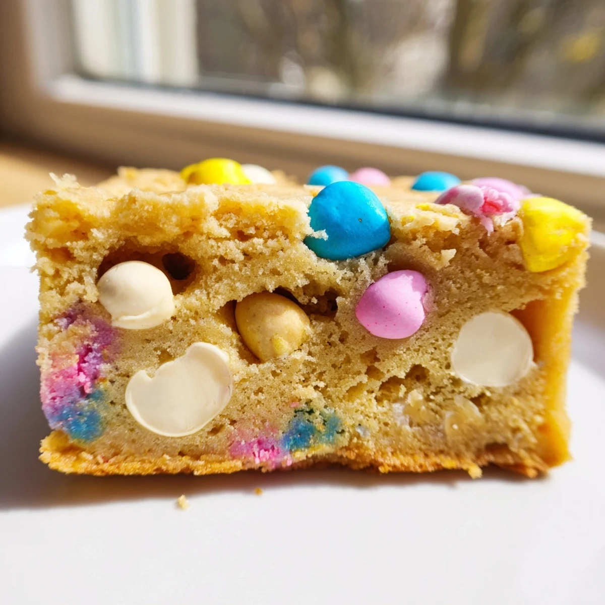 Chewy Mini Cadbury Easter Egg blondies with colorful candy pieces scattered throughout golden bars