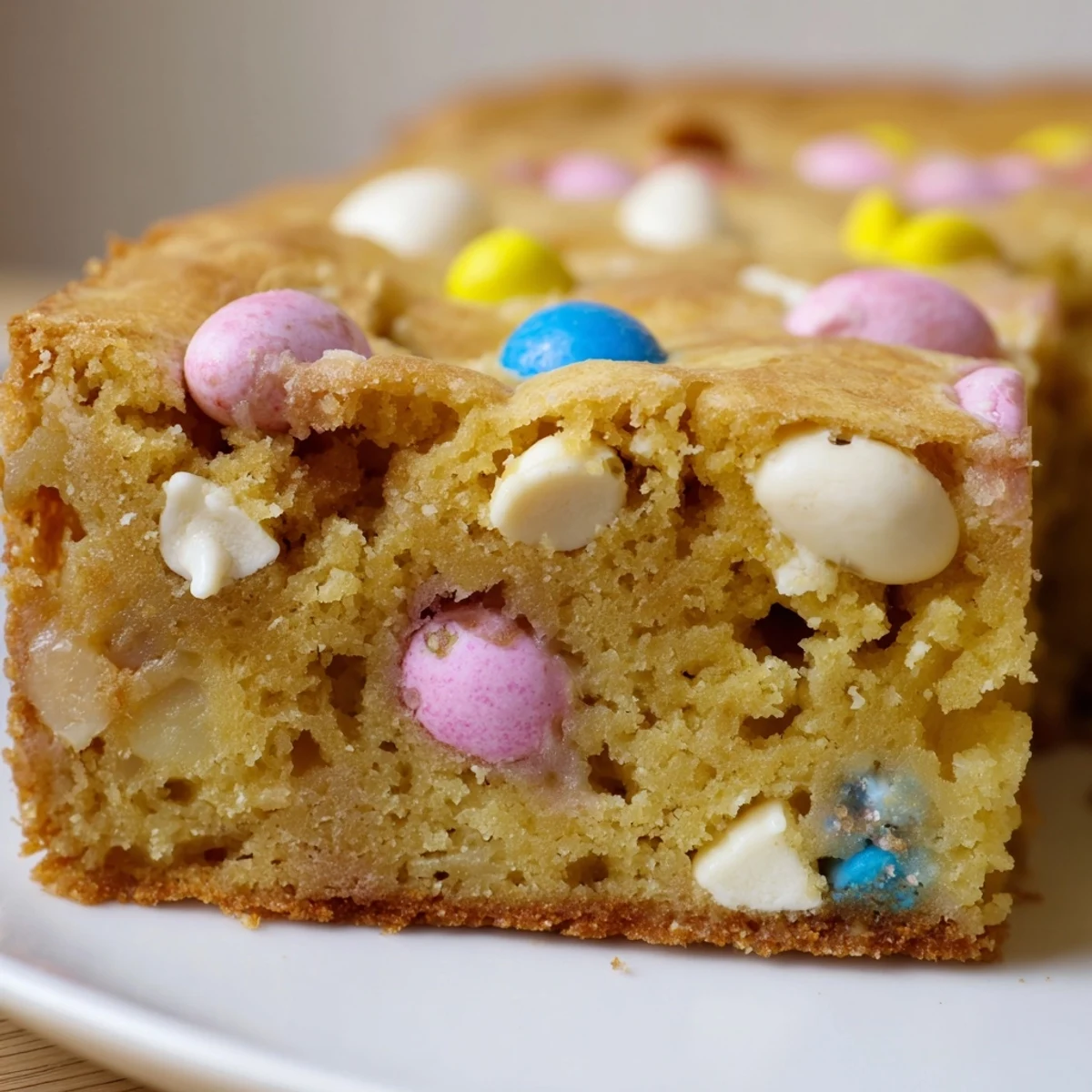 Golden blondie squares studded with pastel Mini Cadbury Easter Eggs and melted white chocolate