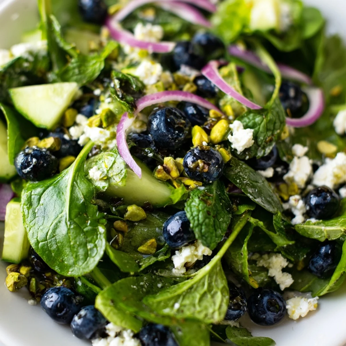 Fresh blueberry pistachio spring salad topped with crumbled feta and zesty lemon vinaigrette