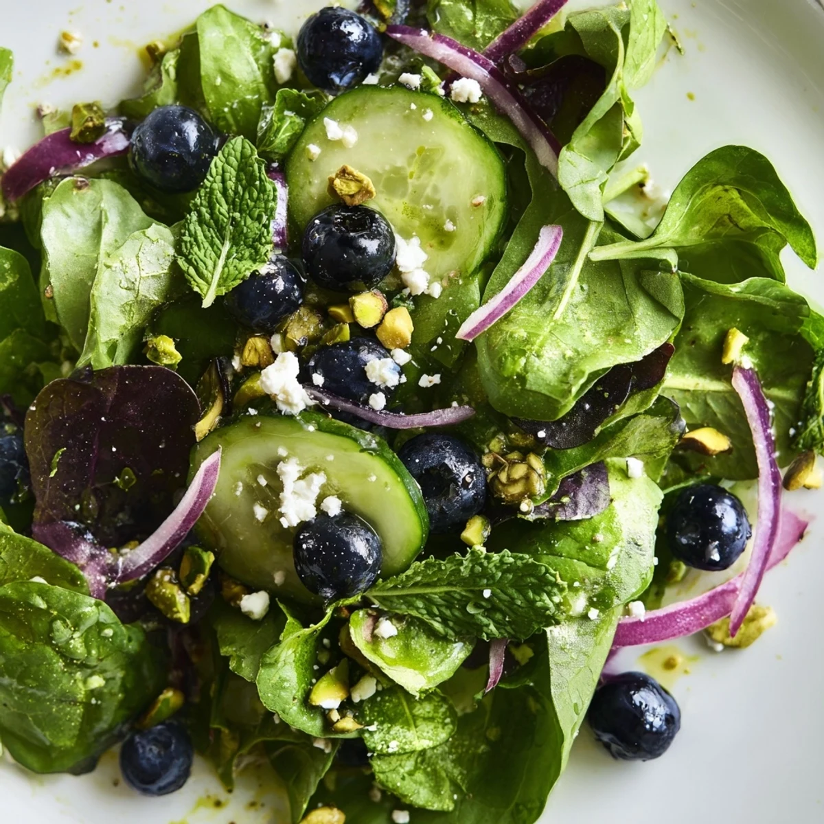 Vibrant spring greens loaded with sweet blueberries and crunchy pistachios in this refreshing salad